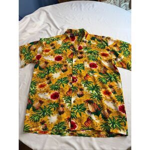 Roundy Bay Hawaiian Aloha Shirt VTG XL Tropical Palm Tree Pineapple Hibiscus